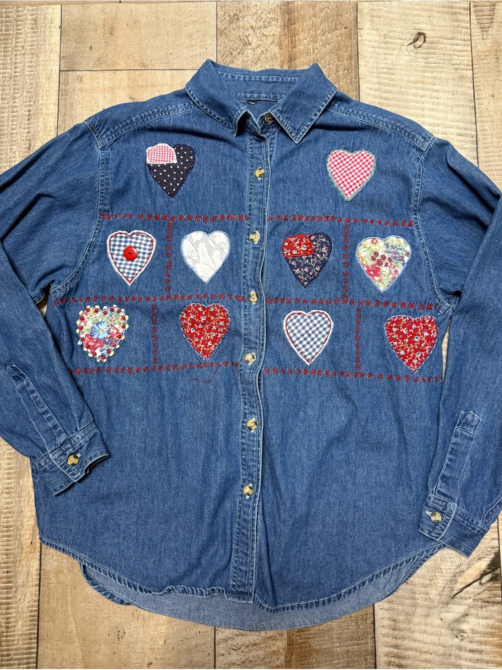 Denim Button-Down Shirt with Heart Patchwork - Blue
